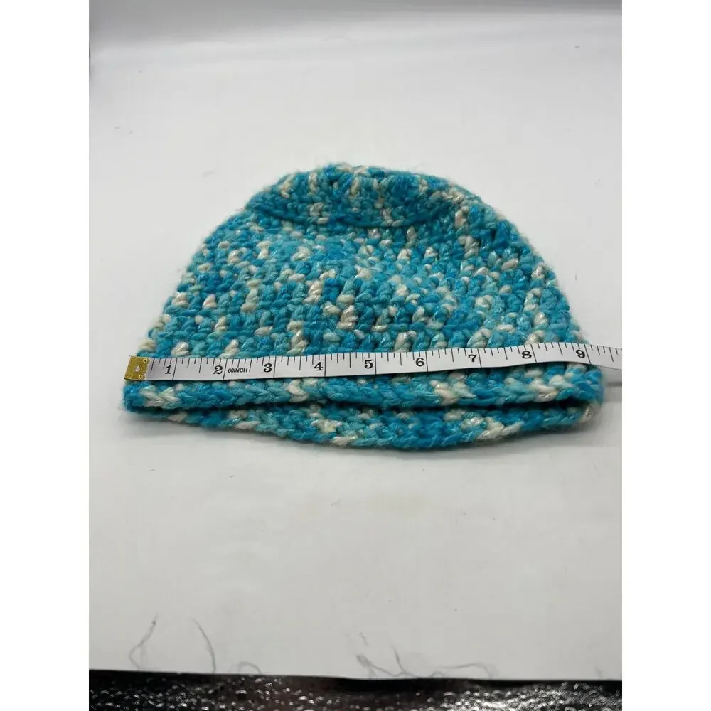 Crochet Blue White Glitter Shimmer Woven‎ Beanie Cap Hat Winter Hat X-Small